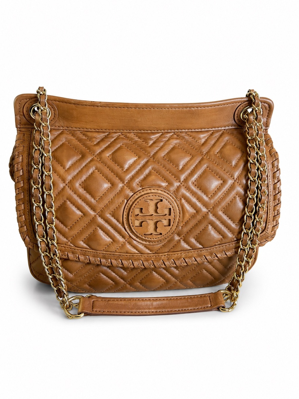 Tory Burch Fleming Brown Leather Quilted Shoulder Bag Chain Strap Whipstitch - Picture 5 of 15